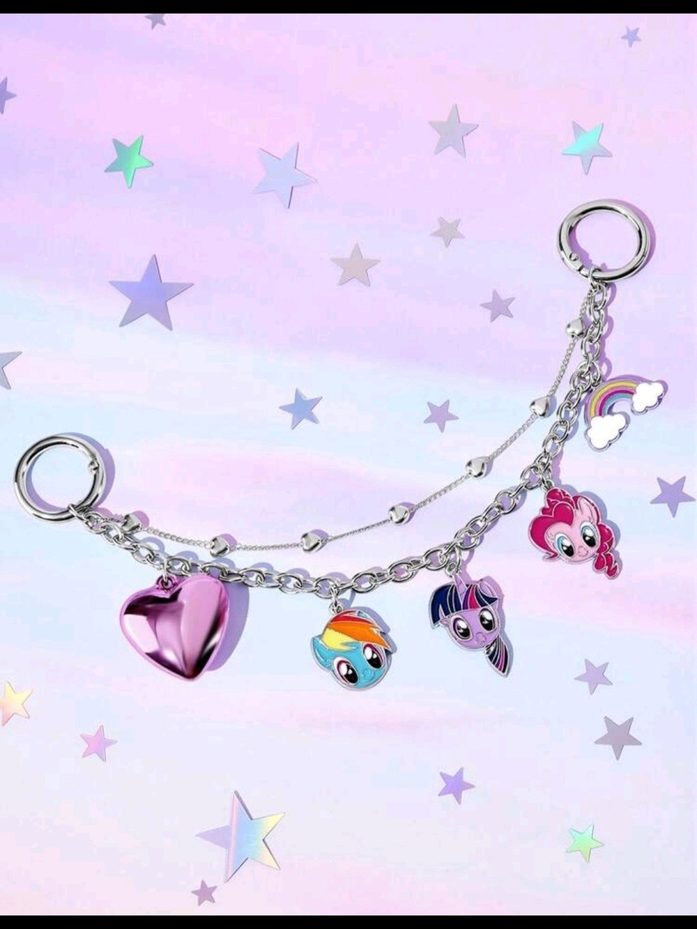 My Little Pony Silver Charm Chain with Pink Heart, Rainbow & Character Charms